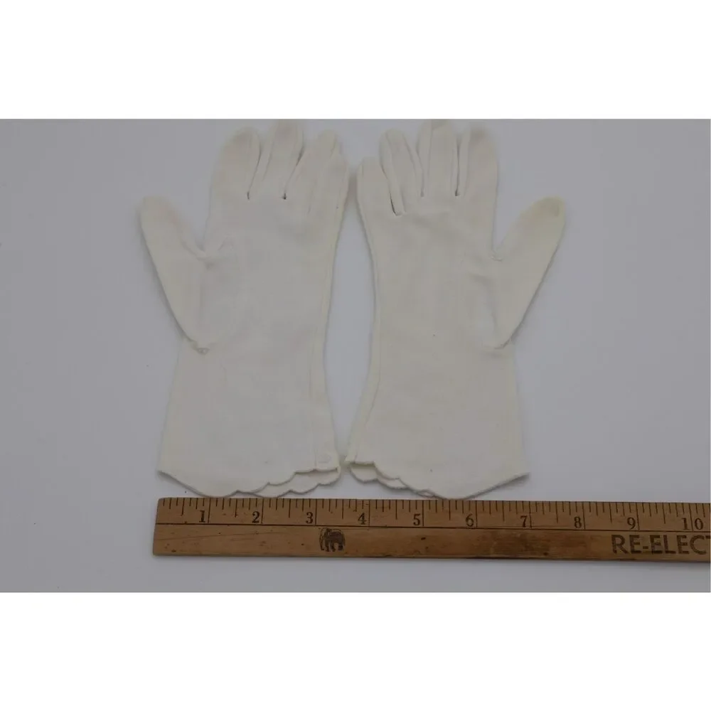 Vintage Hand Beaded White Dress Gloves Scalloped‎ Wrist Bridal 9.5”